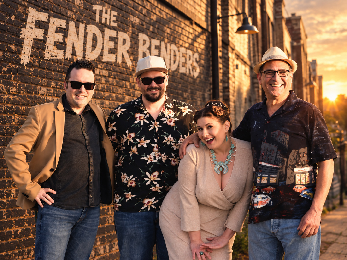 The four Fender Benders smiling in a band portrait against a brick wall